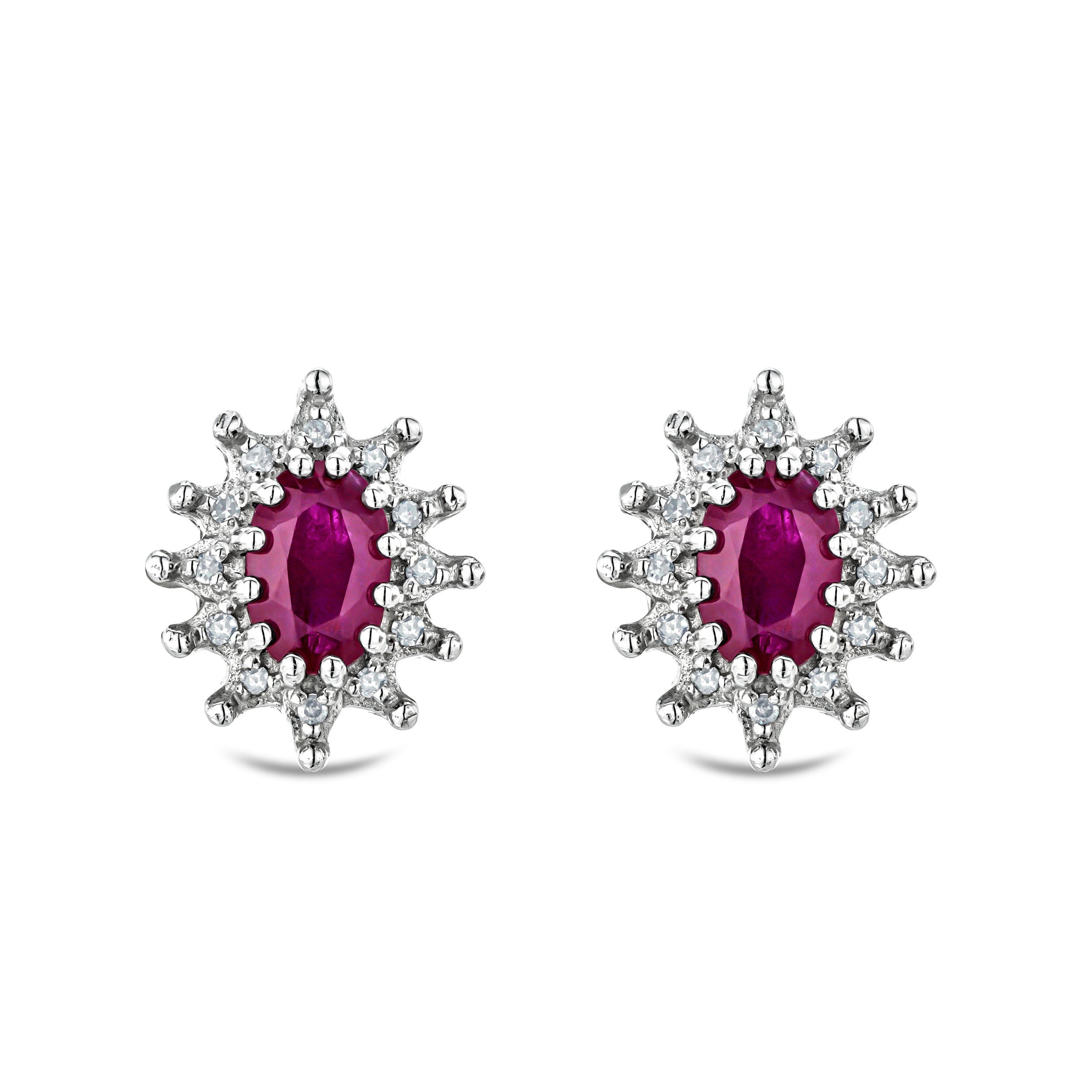 Ruby 6 x 4mm And Diamond Cluster 925 Sterling Silver Earrings
